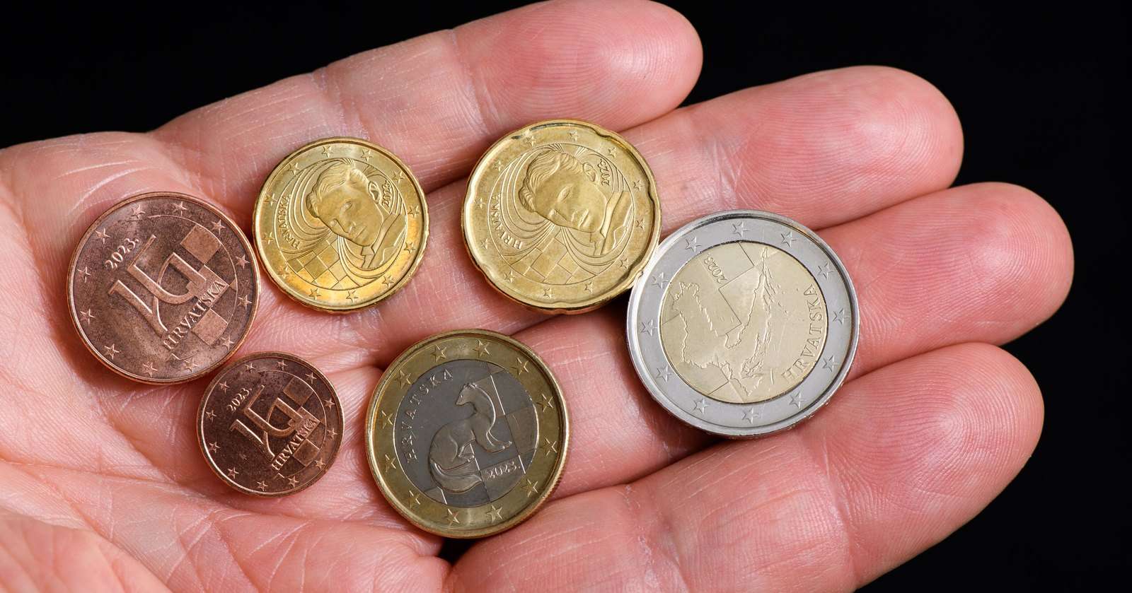 Unas pocas monedas de euro en la palma de una mano