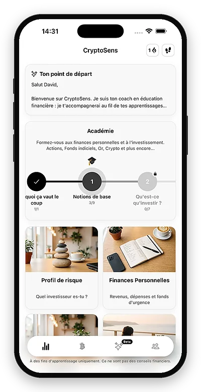 Écran d’accueil de CryptoSens avec l’Académie